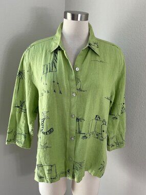Chicos Womens Medium Green 100% Linen Button Up Shirt Safari Animal 3/4 Sleeves